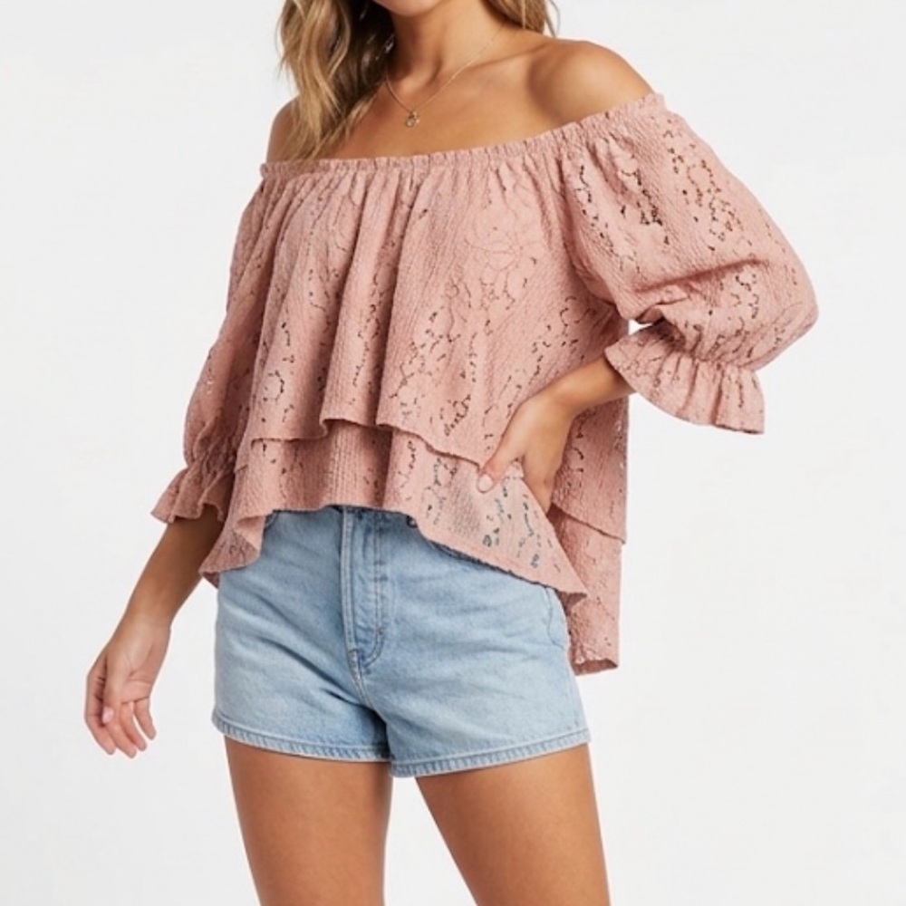 Free People Rose Pink Lace Off The Shoulder Boho Top OB1900909 Womens Small NEW